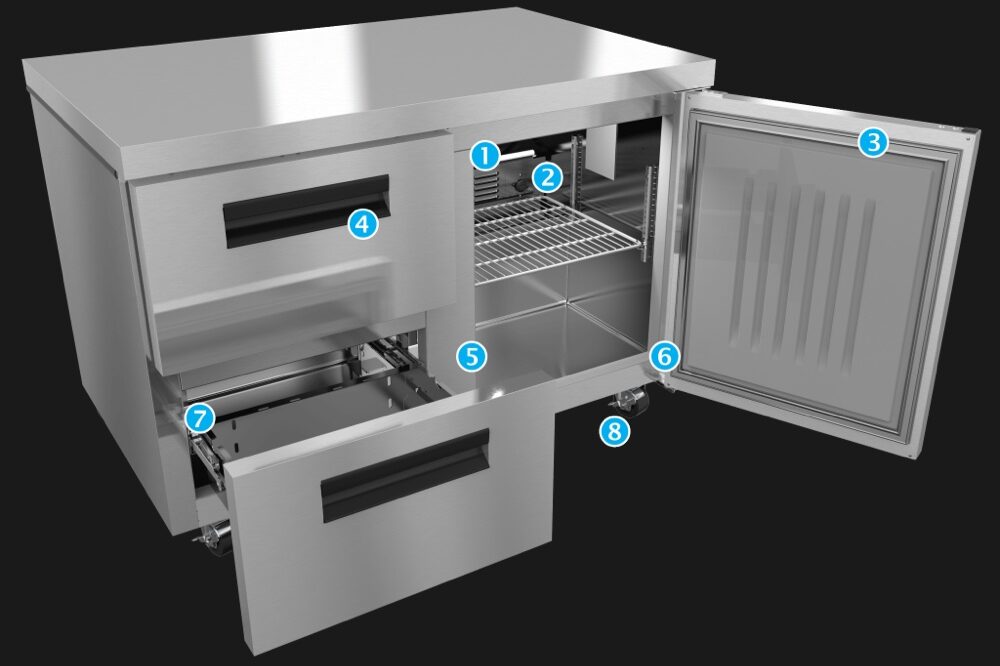 Hoshizaki UR48B-D2 worktop refrigerator with labeled durable cabinet features, including drawers, shelving, and insulated door.