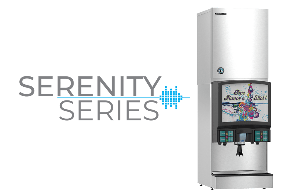 A sleek soda and ice dispenser next to the "Serenity Series" logo.