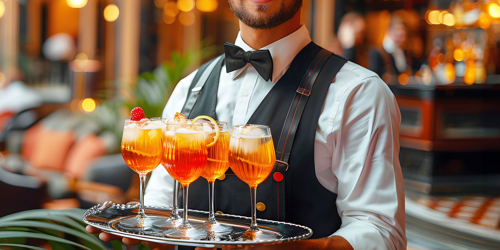 A server holds a silver tray with several gourmet mixed drinks sitting on top.
