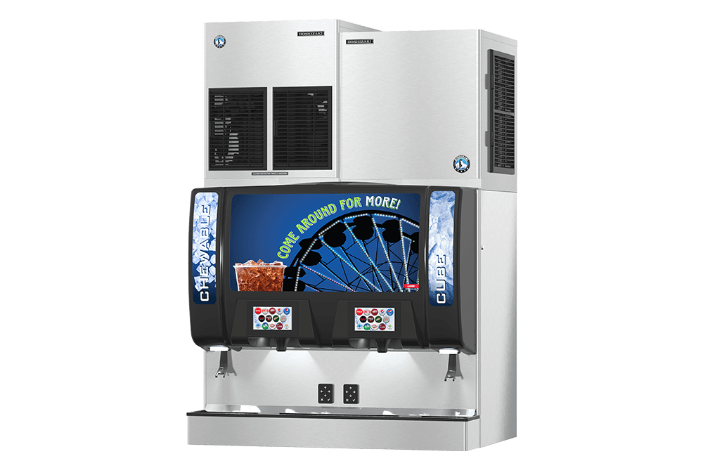 A twin pour ice machine with several soda brands.