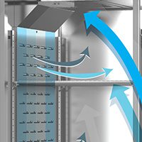 Image of Hoshizaki ducted panel with louvered openings which ensures even airflow across shelves and throughout the reach-in refrigerator cabinet.