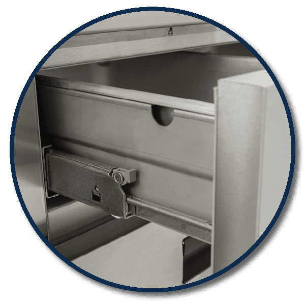 Close-up of heavy-duty drawers on Hoshizaki Steelheart® chef base, featuring 14-gauge stainless steel and 250 lb load capacity.