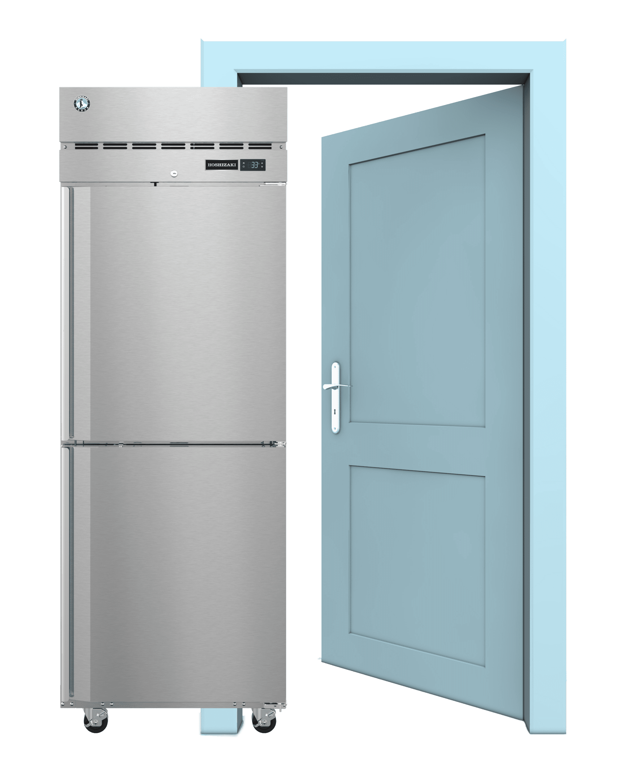 Hoshizaki upright refrigerator shown fitting through a standard doorway, illustrating easy installation with 4-inch casters.