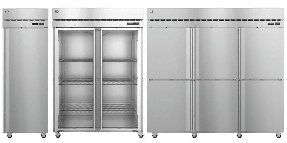Hoshizaki Steelheart® reach-in freezers F1A-FS(L), F2A-FG, and F3A-HS with solid and glass doors for commercial cold storage needs.