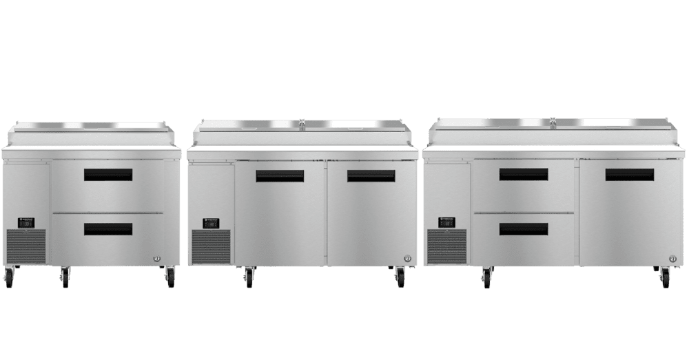 Hoshizaki Steelheart® pizza prep tables PR46B-D2, PR60B, and PR67B-D2 with refrigerated storage and wide prep surfaces for pizzerias.