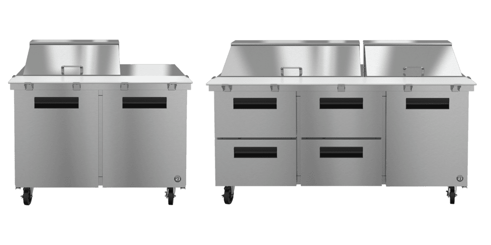 Hoshizaki Steelheart® sandwich prep tables SR48B-8 and SR72B-30MD4 with stainless steel construction and refrigerated ingredient storage.