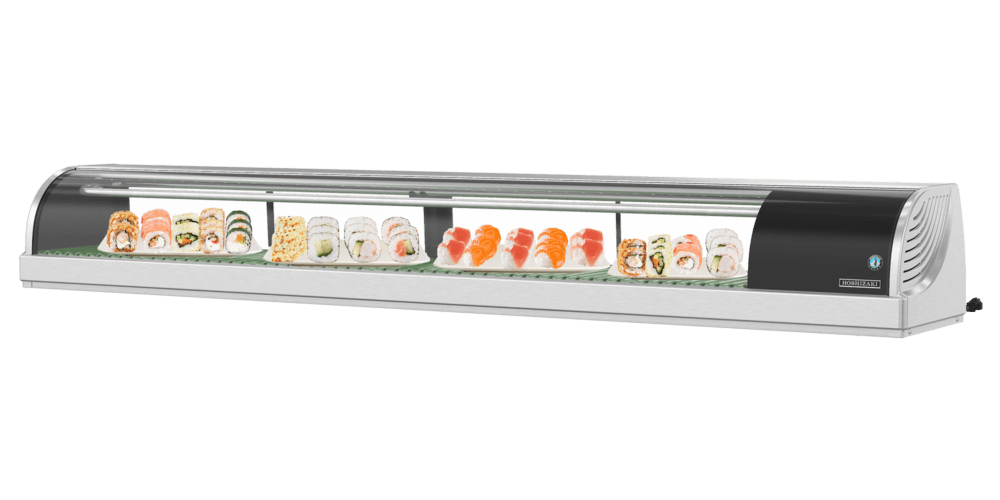 Hoshizaki HNC-210BA-R-SLH sushi display case with right-side condenser, showcasing assorted sushi rolls in a sleek refrigerated unit.