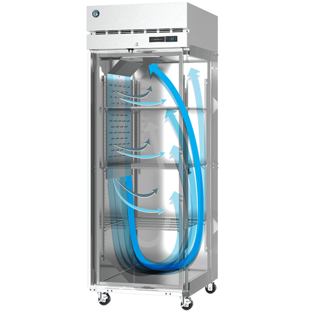 Hoshizaki Steelheart® reach-in refrigerator showing dynamic airflow system for consistent cooling and even temperature control.