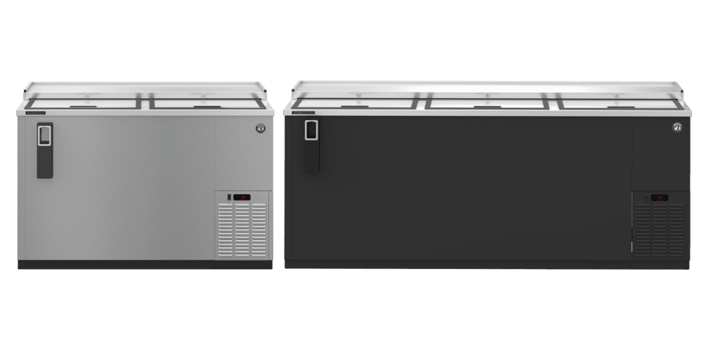 Hoshizaki CC50-S and CC80 slide top bottle coolers with stainless and black finishes, ideal for efficient bar beverage storage.