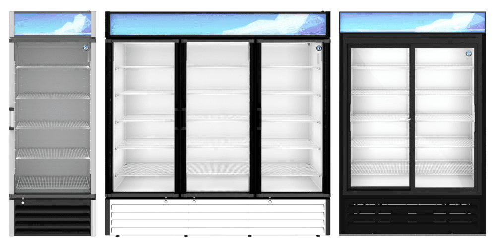 Hoshizaki merchandiser refrigerators RM-26-HC, RM-65-HC, RM-45-SD-HC (Sliding Doors) for fresh, visible product storage.