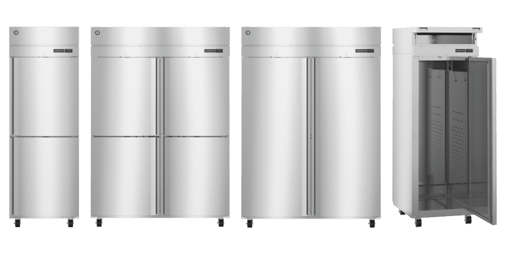 Hoshizaki Steelheart® Heated Cabinets HC1A-HS, HC2A-HS, HC1A-FS, and HC2A-FS models shown in reach-in and pass-thru configurations with doors open.