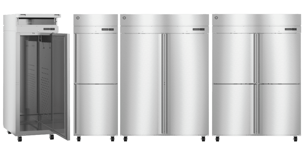 Four Hoshizaki Steelheart® Reach-In Heated Cabinets — models HC1A-FS, HC1A-HS, HC2A-FS, and HC2A-HS — featuring full and half doors for efficient, high-volume hot food storage.