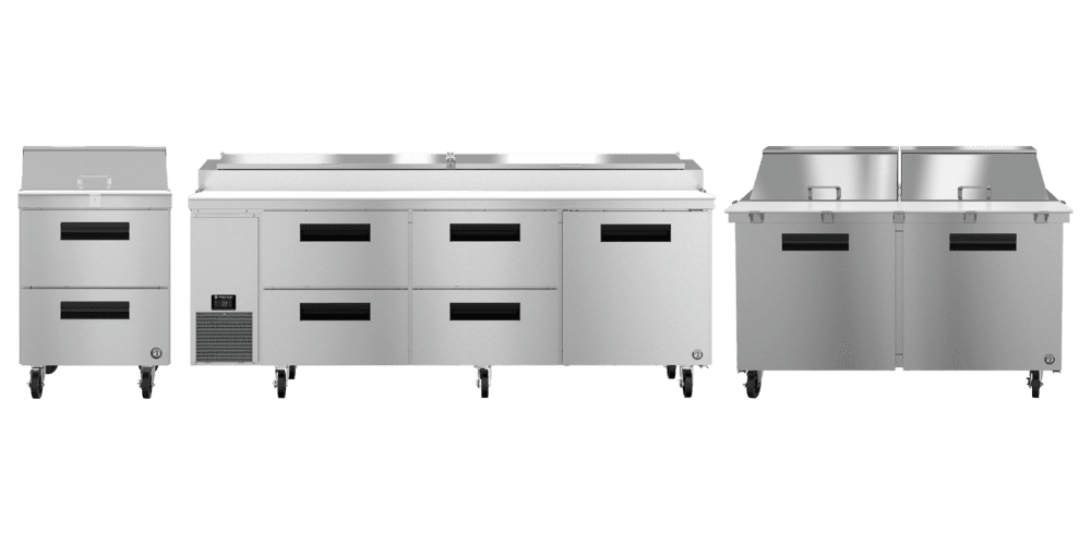 Hoshizaki Steelheart® prep tables SR27B-8D2, PR93B-D4, SR60B-24M available in sandwich prep, mega top, and pizza prep designs.