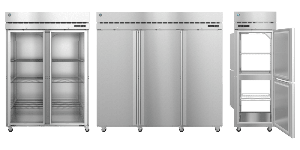 Hoshizaki Steelheart® Reach-In Refrigerators F2A-FG, R3A-FS, PT1A-HS-HS with glass and solid doors for commercial kitchens.