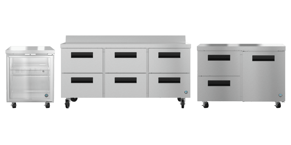 Hoshizaki Steelheart® undercounter and worktop refrigeration units UR27B-GLP01, WR72B-D6, UR72B-D6 with drawers and glass door.