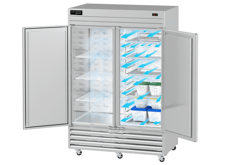 a graphic of a Valiance upright refrigerator with doors open and airflow coming out