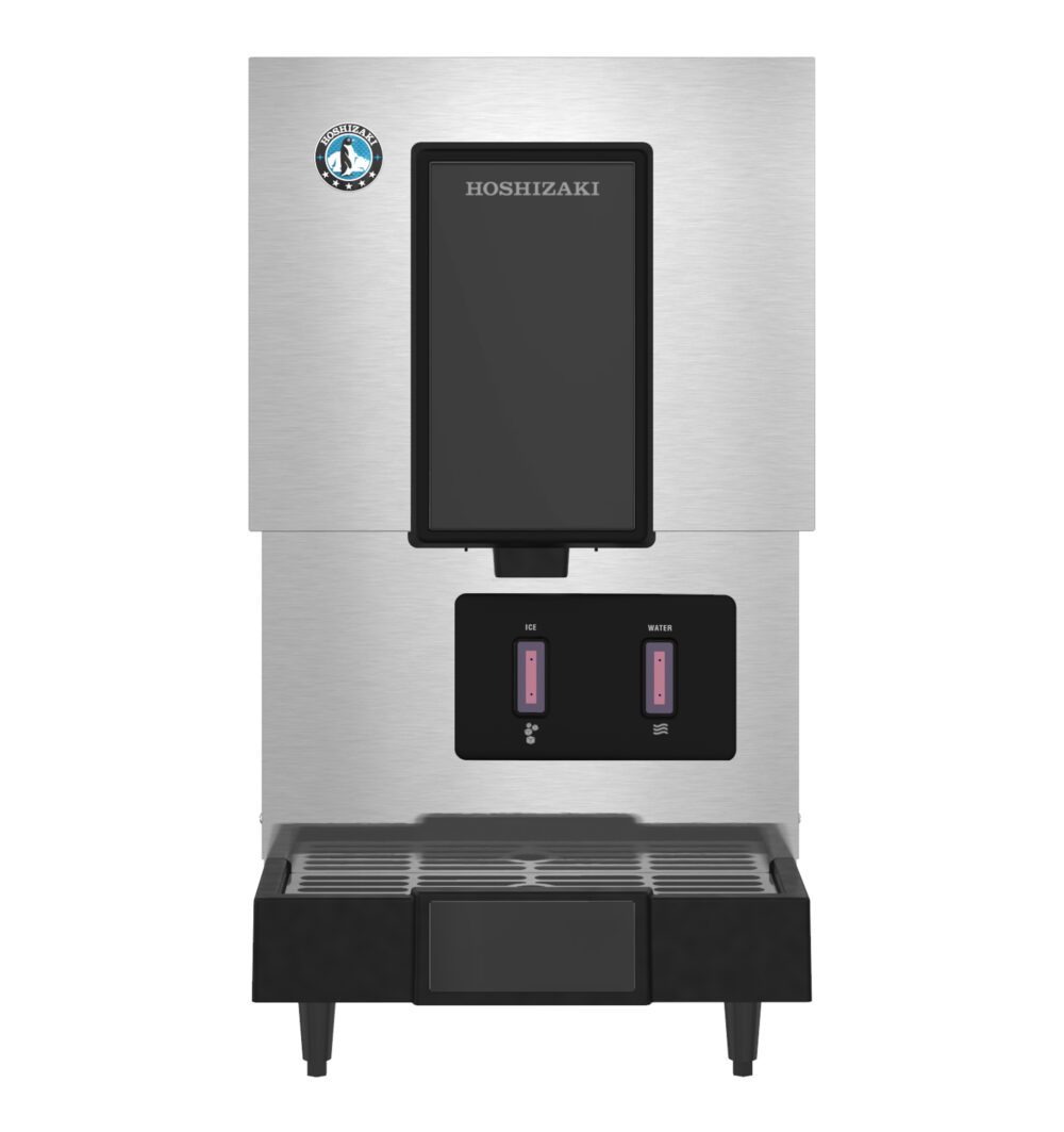 Front view of a stainless steel Hoshizaki commercial water and ice dispenser with digital display panels and drip tray.