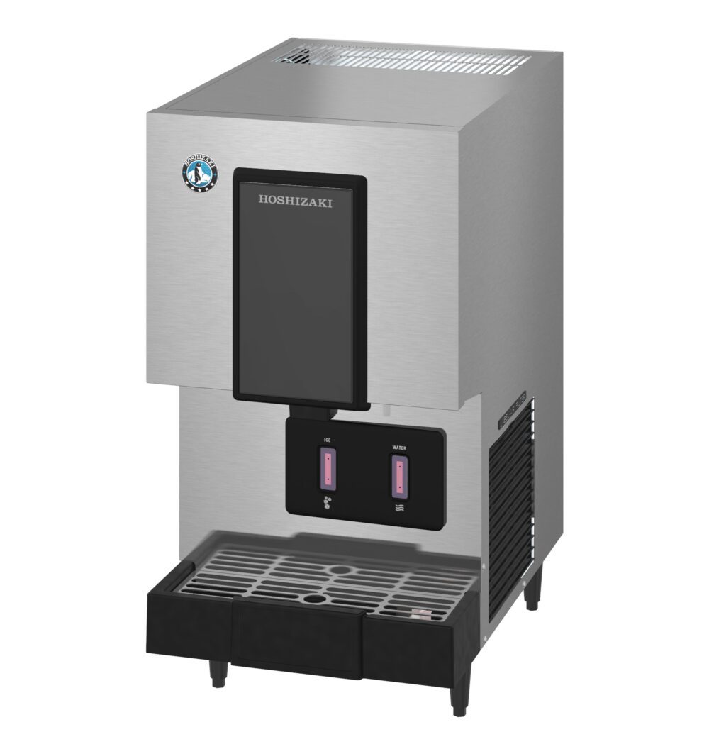 A stainless steel Hoshizaki ice and water dispenser with a black drip tray and two labeled dispensing buttons.