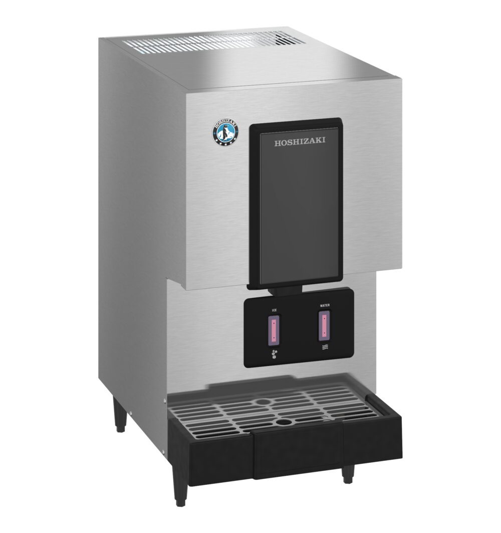 A stainless steel Hoshizaki ice and water dispenser with control buttons and a drip tray at the bottom.