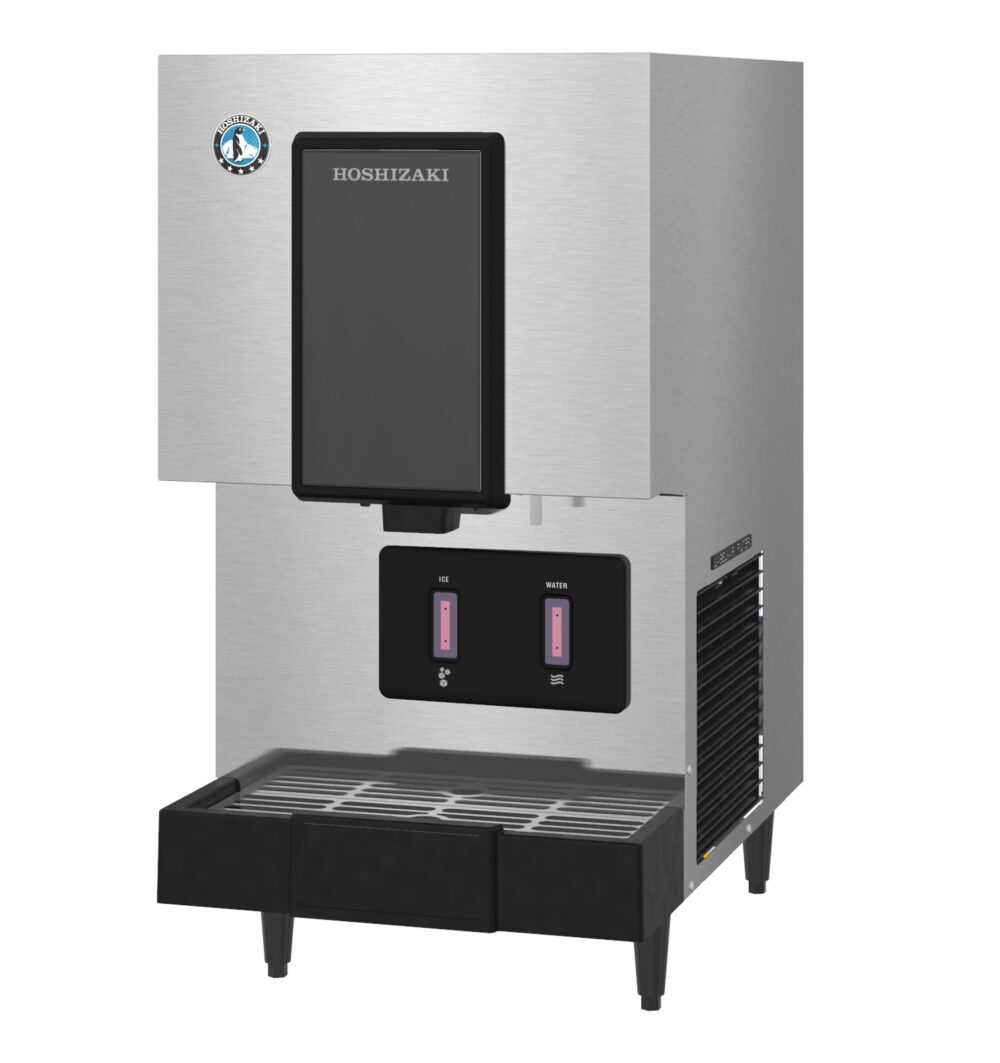 A stainless steel Hoshizaki water boiler and dispenser with two digital buttons and a drip tray at the bottom.