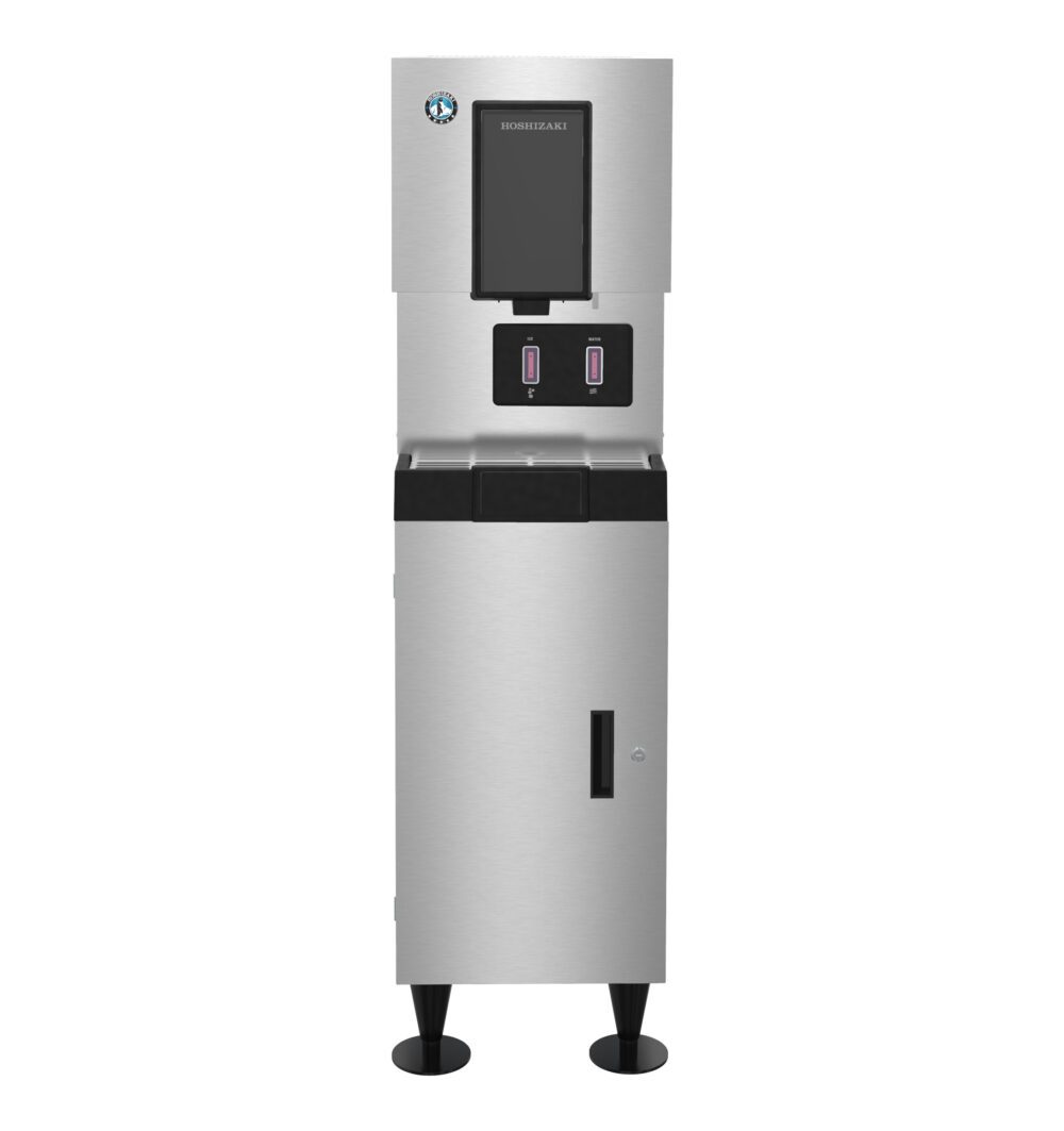 A stainless steel commercial ice and water dispenser with two push-button dispensers, mounted on a base with four legs.