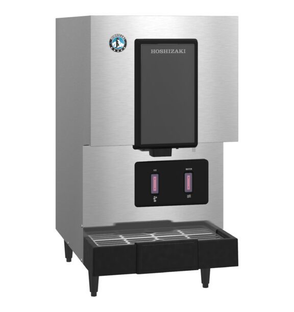 Stainless steel Hoshizaki ice and water dispenser with digital controls and a drip tray at the base.