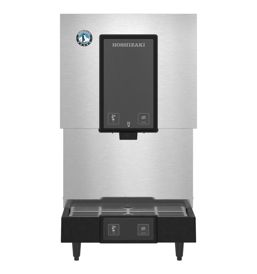 Front view of a Hoshizaki stainless steel commercial countertop ice and water dispenser with control buttons and drip tray.