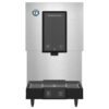 Front view of a Hoshizaki stainless steel commercial countertop ice and water dispenser with control buttons and drip tray.