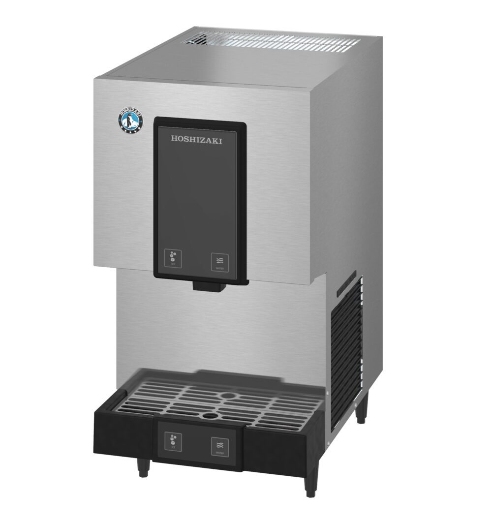 A stainless steel Hoshizaki commercial ice dispenser with a black front panel and an integrated drip tray at the base.