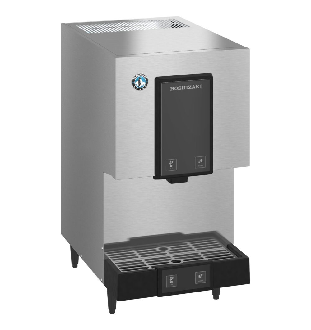 A stainless steel Hoshizaki commercial ice dispenser with a black front panel and drip tray, standing on four legs.