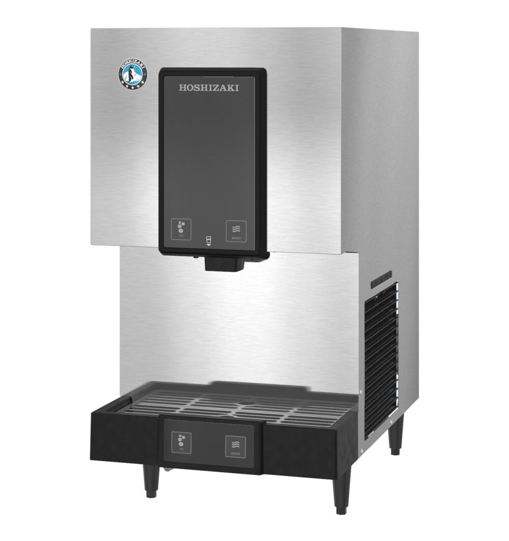 A stainless steel Hoshizaki ice and water dispenser with a digital control panel and drip tray at the bottom.