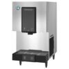 A stainless steel Hoshizaki ice and water dispenser with a digital control panel and drip tray at the bottom.