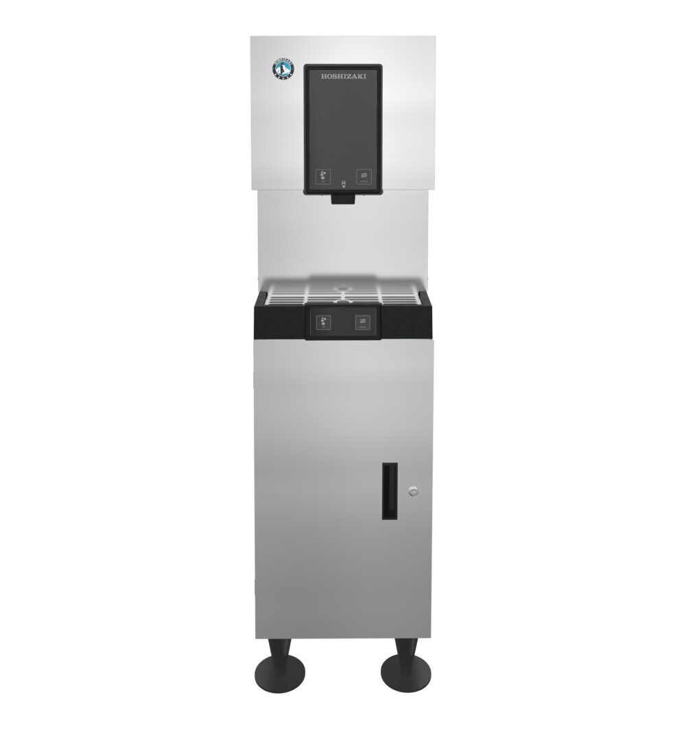 A stainless steel commercial ice and water dispenser with a front panel, spout, drip tray, and control buttons, standing on four legs.