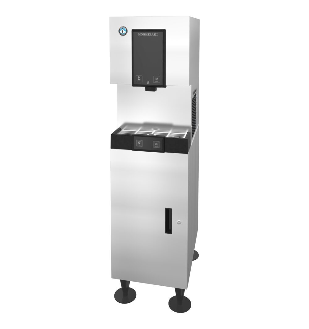 A stainless steel commercial ice and water dispenser with a touchscreen panel and two dispensing slots, standing on four black legs.