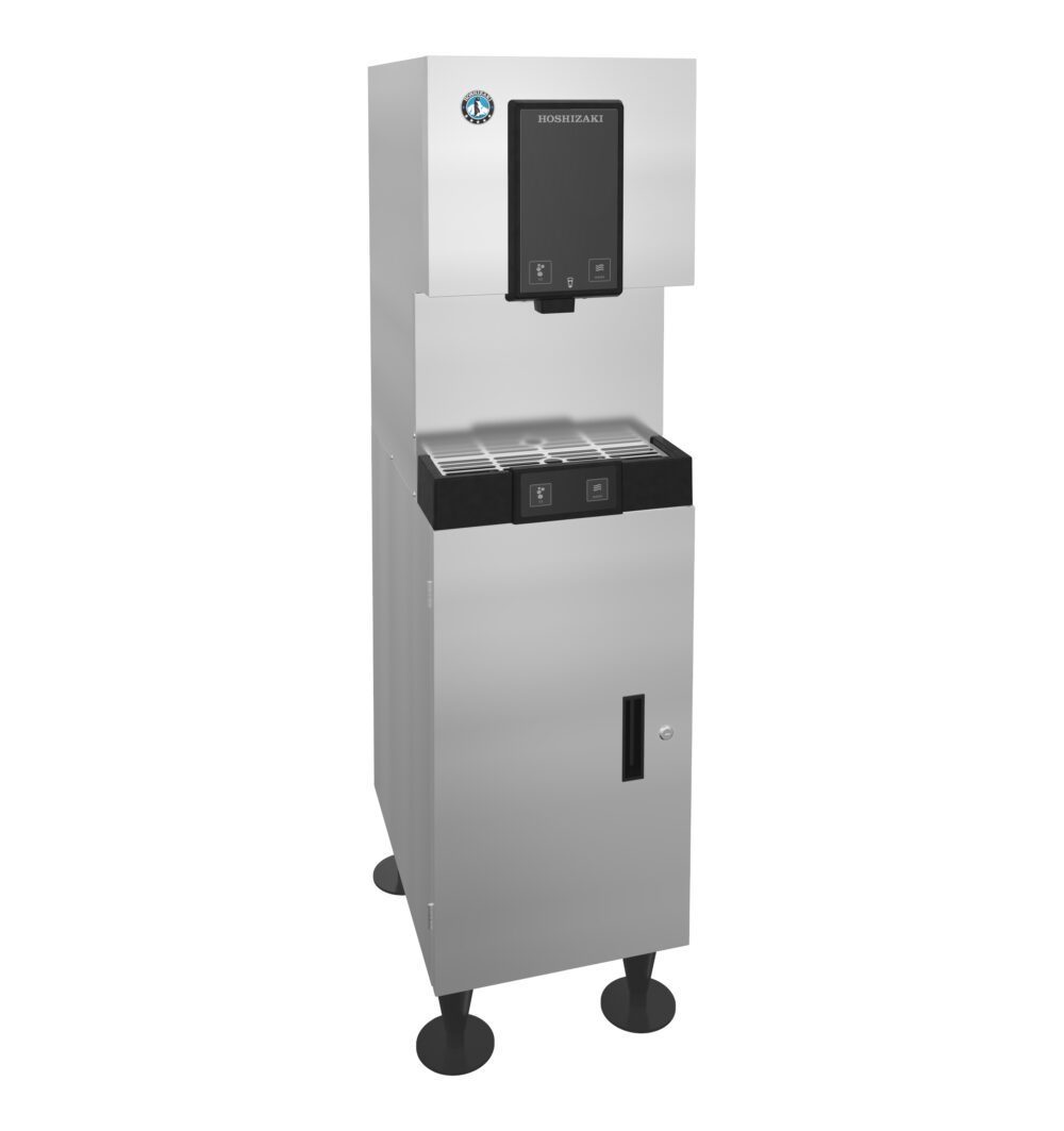 A commercial stainless steel ice and water dispenser with a digital display, push buttons, and a drip tray, standing on four black legs.