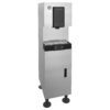 A commercial stainless steel ice and water dispenser with a digital display, push buttons, and a drip tray, standing on four black legs.