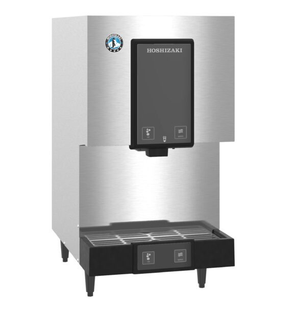 Stainless steel Hoshizaki commercial ice dispenser with a black front panel, drip tray, and control buttons, standing on four legs.