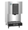 Stainless steel Hoshizaki commercial ice dispenser with a black front panel, drip tray, and control buttons, standing on four legs.