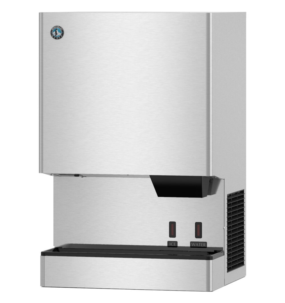 A stainless steel ice and water dispenser with labeled push buttons for ice and water and a dispensing area below.