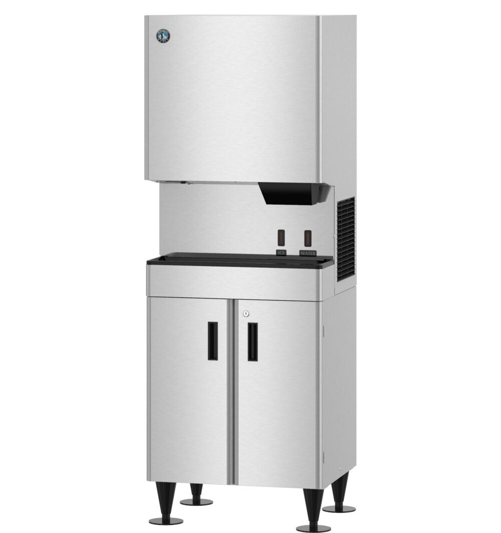 A stainless steel commercial ice and water dispenser with a top ice-making unit and a lower storage cabinet, standing on adjustable legs.