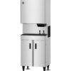 A stainless steel commercial ice and water dispenser with a top ice-making unit and a lower storage cabinet, standing on adjustable legs.