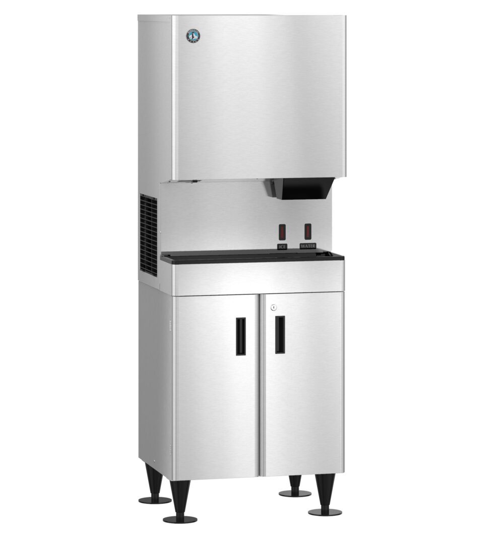 A commercial stainless steel ice and water dispenser with a storage cabinet and two dispensing spouts, standing on four black legs.