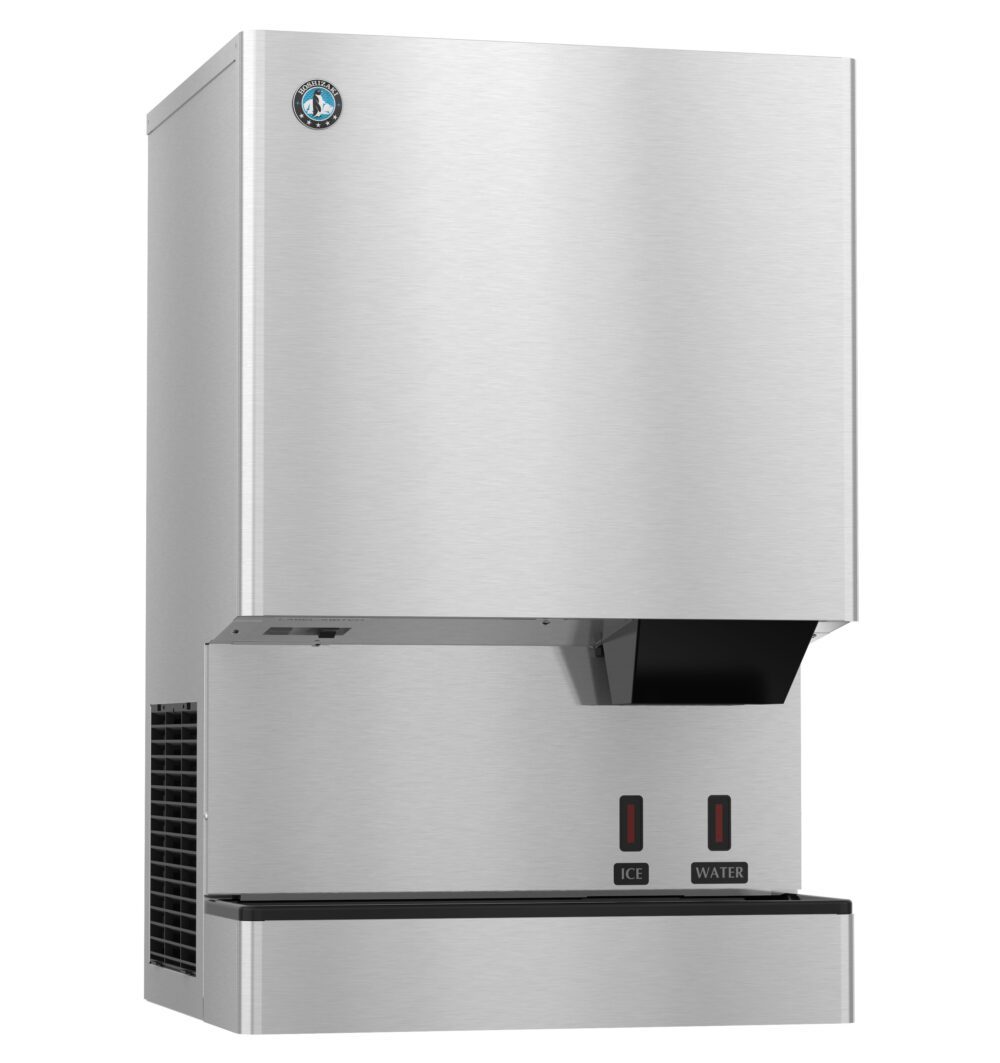 A stainless steel commercial ice and water dispenser with labeled buttons and a chute for dispensing.