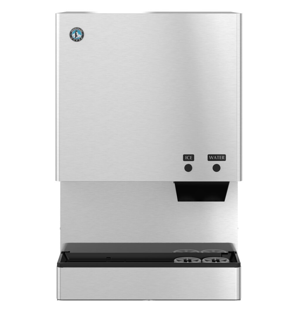 A stainless steel ice and water dispenser with push buttons labeled