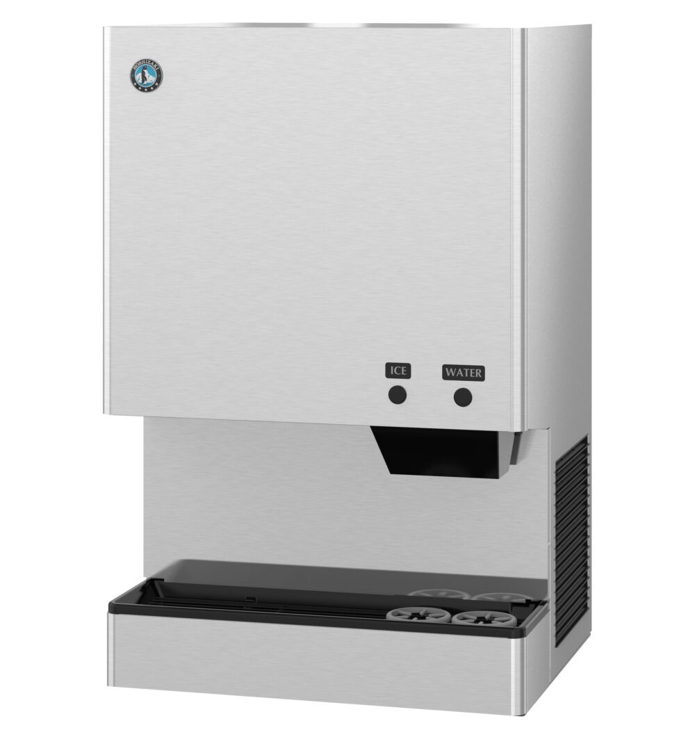 A stainless steel countertop ice and water dispenser with labeled push buttons for ice and water, and a drip tray below the dispensing area.