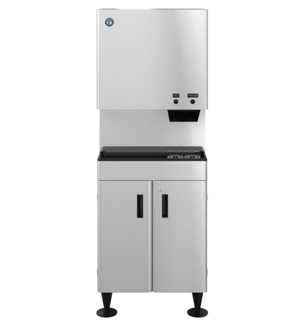 A stainless steel commercial ice and water dispenser with a top dispensing unit, two control buttons, and a lower cabinet on adjustable legs.