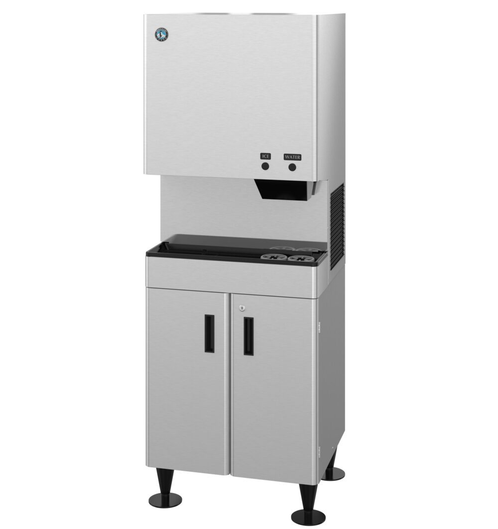 A stainless steel commercial ice and water dispenser with push buttons, a dispensing area, and a storage cabinet below.