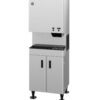 A stainless steel commercial ice and water dispenser with push buttons, a dispensing area, and a storage cabinet below.