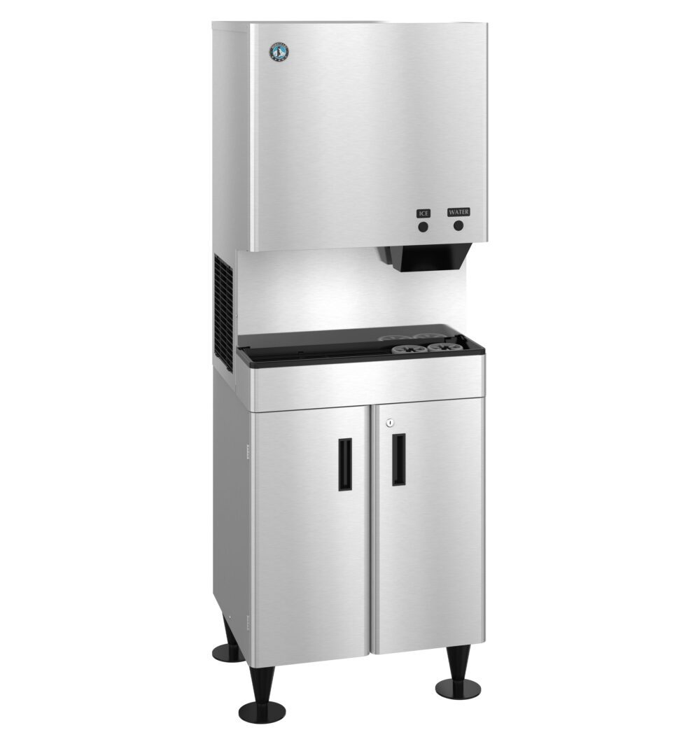 A commercial stainless steel ice and water dispenser with cabinet base, dual doors, and elevated legs.
