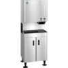 A commercial stainless steel ice and water dispenser with cabinet base, dual doors, and elevated legs.